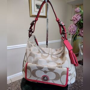 Coach Legacy Signature Courtney Hobo Bag Khaki and Coral Style #22392